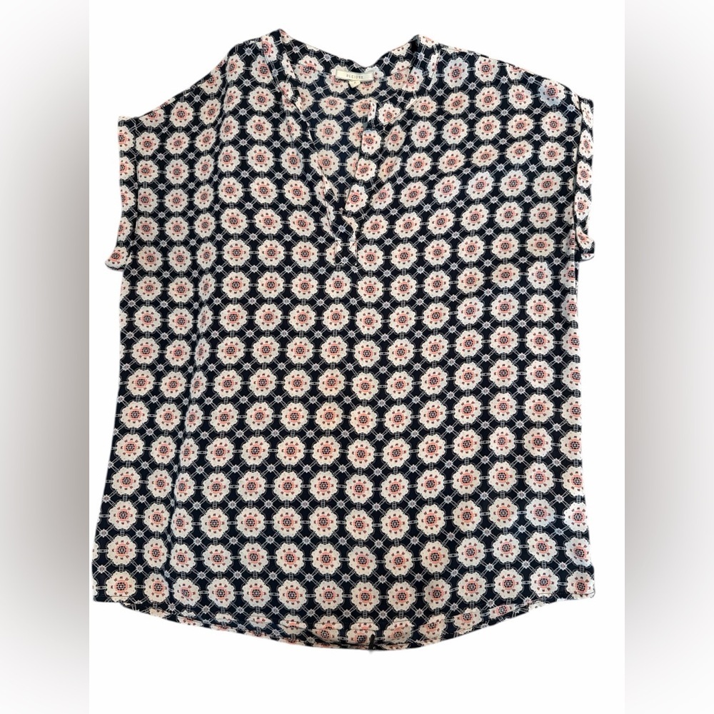 Pleione Womens Size Medium Blouse Pleated Front Short Sleeve Shirt Top V Neck